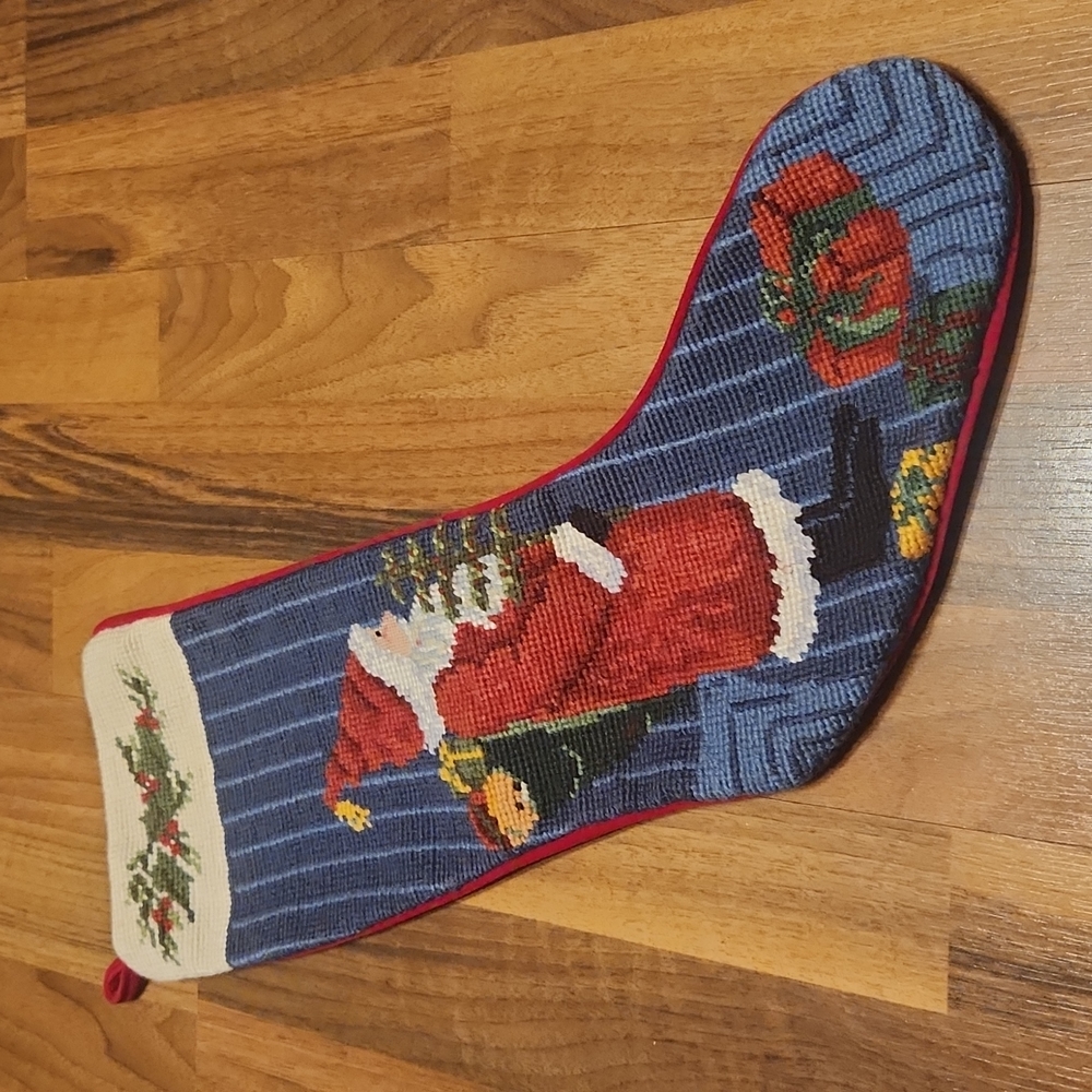 Vintage Needlepoint Stocking Santa Claus with Christmas Tree & Toys Velvet Back